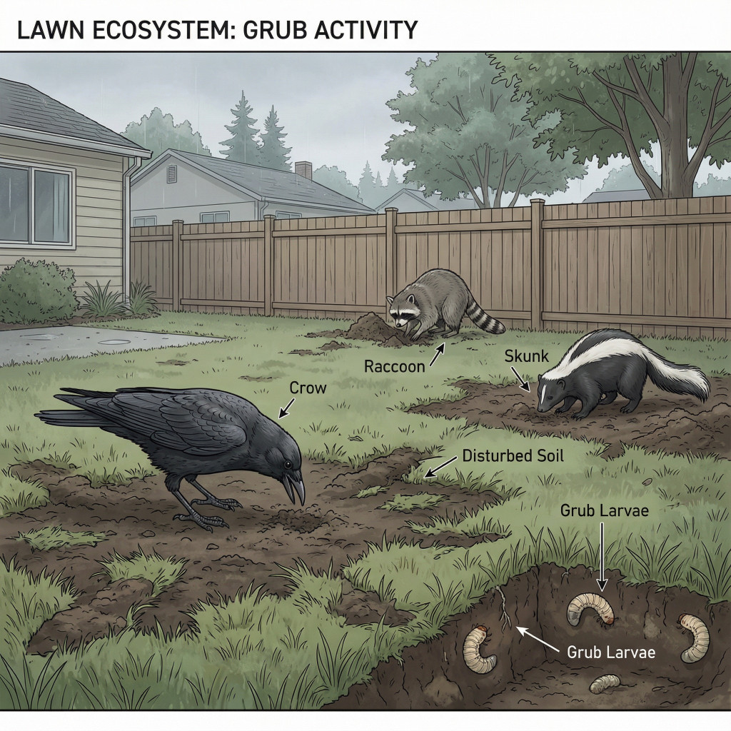 Backyard Lawn Ecosystem – Wildlife Digging for Grub Larvae