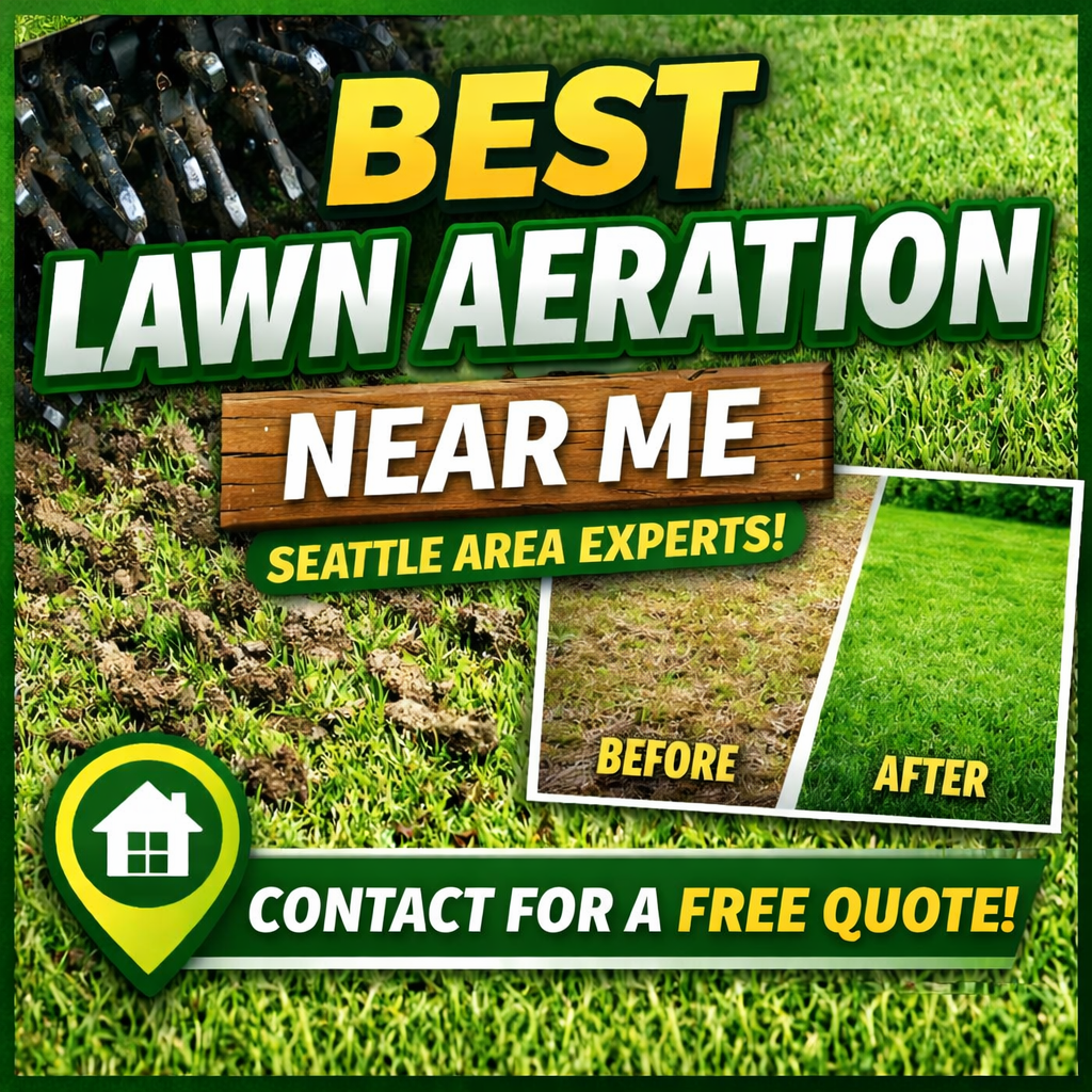 Promotional graphic reading “Best Lawn Aeration Near Me” with before-and-after lawn photos and “Contact for a Free Quote,” for Aerating Thatching Co Seattle-area core lawn aeration services.