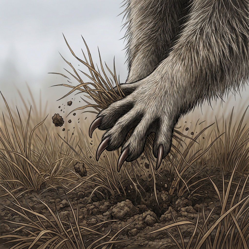 Close-Up of Raccoon Claws Tearing Lawn for Grubs