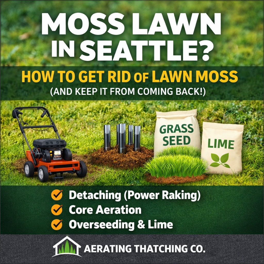 Graphic about moss lawn removal in Seattle showing detaching (power raking), core lawn aeration, overseeding, and lime by Aerating Thatching Co.