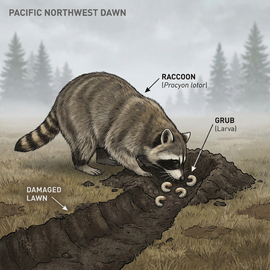 Pacific Northwest Raccoon Digging for Chafer Beetle Grubs