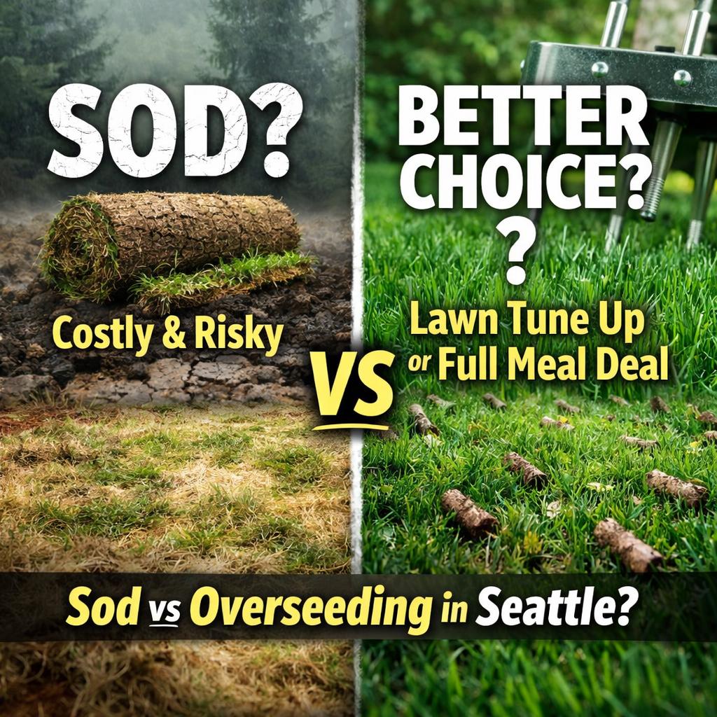 Split graphic showing failing sod labeled “Sod? Costly & Risky” versus a healthy green lawn being aerated labeled “Better Choice? Lawn Tune Up or Full Meal Deal,” promoting Aerating Thatching Co as an alternative to sod in Seattle.