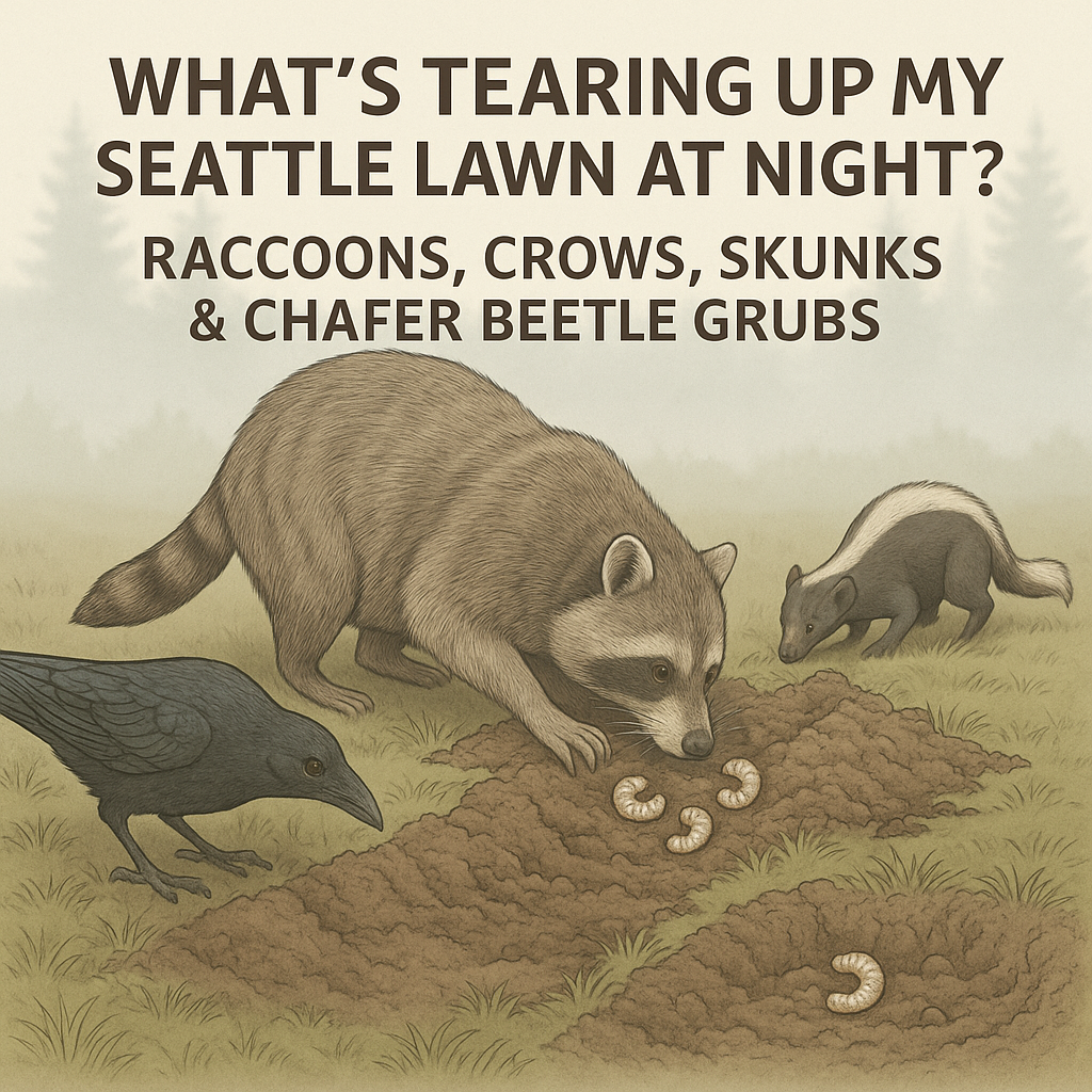 What’s Tearing Up My Seattle Lawn at Night? Raccoons, Crows, Skunks & Chafer Beetle Grubs