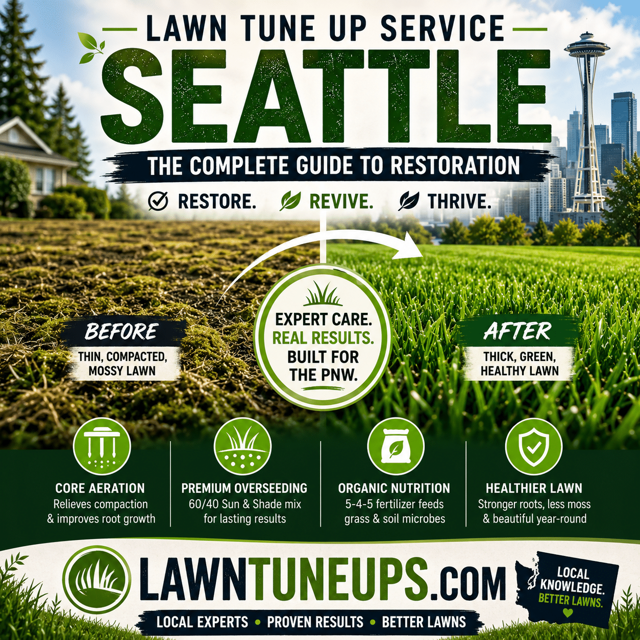 Lawn Tune Up Service Seattle before-and-after lawn restoration with core aeration and overseeding by LawnTuneUps
